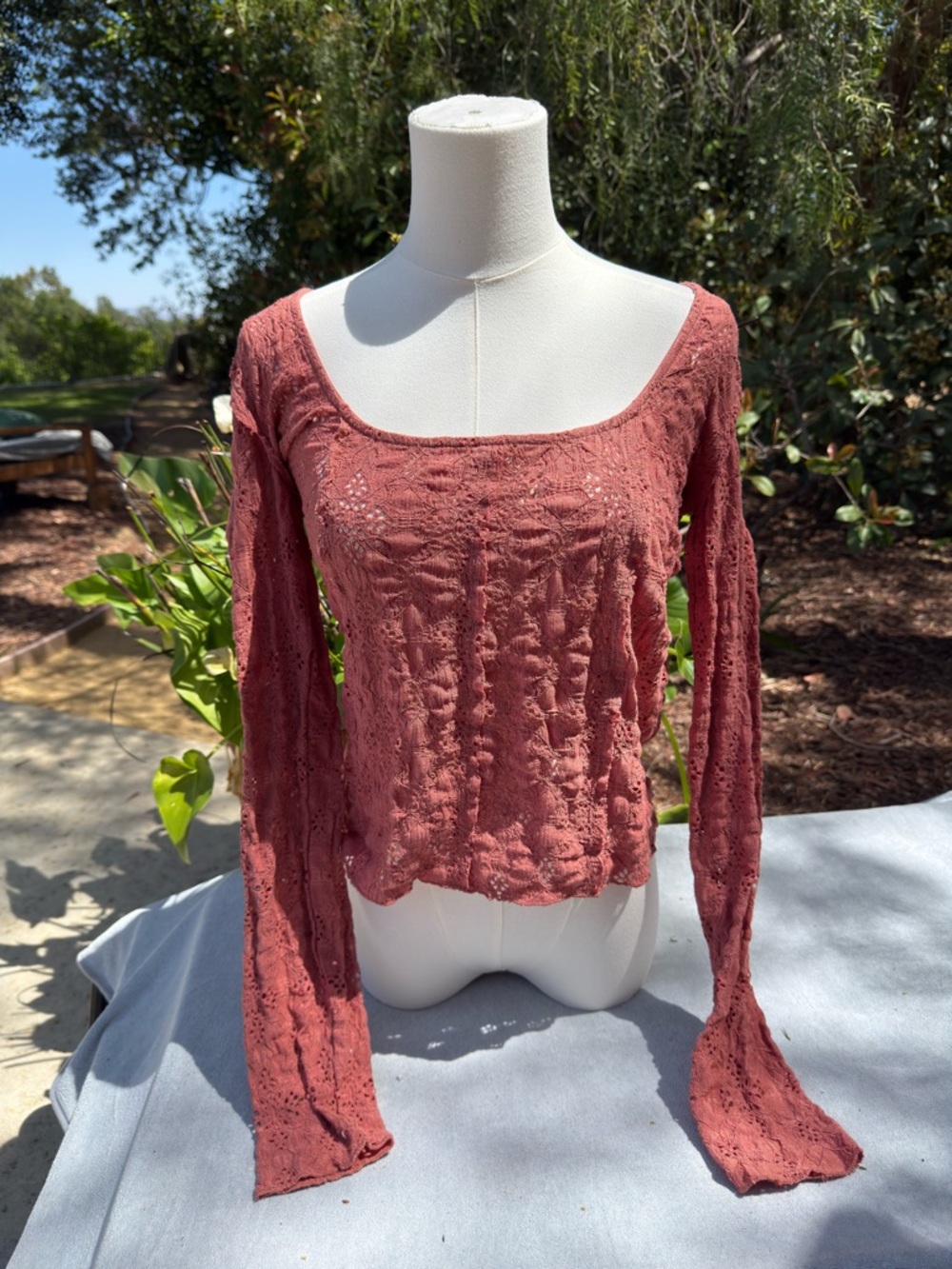 Vintage Free People Long-Sleeve Square Scoop Neck Lace Top in Dusty Rose